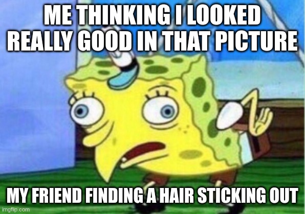 Has this happened to you . . . | ME THINKING I LOOKED REALLY GOOD IN THAT PICTURE; MY FRIEND FINDING A HAIR STICKING OUT | image tagged in memes,mocking spongebob | made w/ Imgflip meme maker