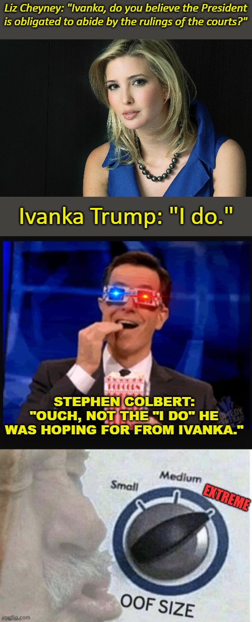 This was gold. For meme's sake. Just like Biden sniffing hair, right guys? | Liz Cheyney: "Ivanka, do you believe the President is obligated to abide by the rulings of the courts?"; Ivanka Trump: "I do."; STEPHEN COLBERT: "OUCH, NOT THE "I DO" HE WAS HOPING FOR FROM IVANKA." | image tagged in ivanka trump,stephen colbert movies,oof size extreme | made w/ Imgflip meme maker
