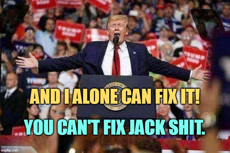 Doesn't sound like he's fixing much of anything these days. | AND I ALONE CAN FIX IT! YOU CAN'T FIX JACK SHIT. | image tagged in trump rally 2,trump,fix,you can't fix stupid,incompetence | made w/ Imgflip meme maker