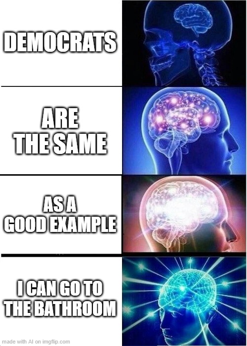 Expanding Brain | DEMOCRATS; ARE THE SAME; AS A GOOD EXAMPLE; I CAN GO TO THE BATHROOM | image tagged in memes,expanding brain | made w/ Imgflip meme maker