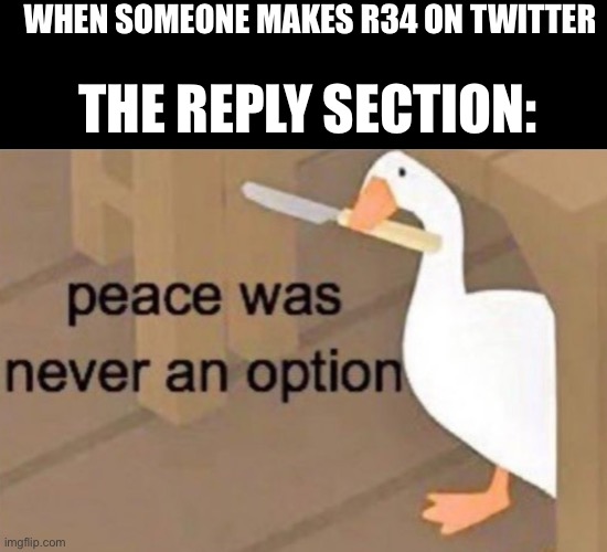 R34 artists reply sections be like | WHEN SOMEONE MAKES R34 ON TWITTER; THE REPLY SECTION: | image tagged in peace was never an option | made w/ Imgflip meme maker
