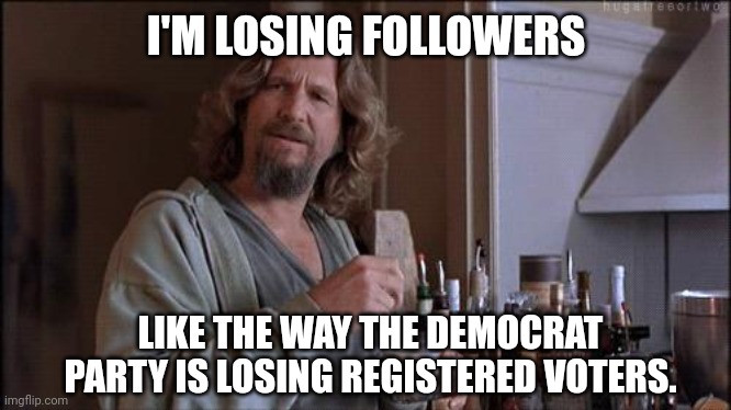 Must be the midterm purge on Twitter. | I'M LOSING FOLLOWERS; LIKE THE WAY THE DEMOCRAT PARTY IS LOSING REGISTERED VOTERS. | image tagged in big lebowski dude | made w/ Imgflip meme maker