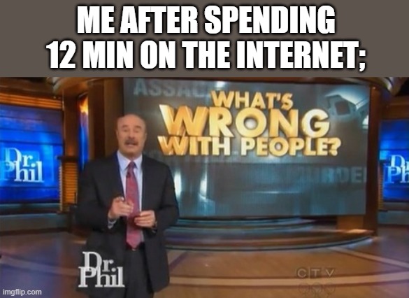 Dr. Phil What's wrong with people | ME AFTER SPENDING 12 MIN ON THE INTERNET; | image tagged in dr phil what's wrong with people | made w/ Imgflip meme maker