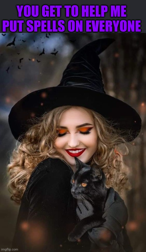 THE WITCHES BLACK CAT | YOU GET TO HELP ME PUT SPELLS ON EVERYONE | image tagged in cats,funny cats,witch,black cat,spooktober | made w/ Imgflip meme maker