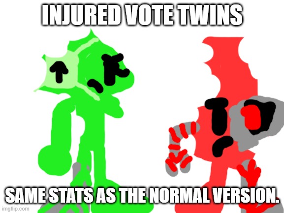 Context: After Hollow knifeboi attacked The Vote Twins, they are now severely injured. Luckily, Downvo is a great engineer. So h | INJURED VOTE TWINS; SAME STATS AS THE NORMAL VERSION. | image tagged in blank white template | made w/ Imgflip meme maker