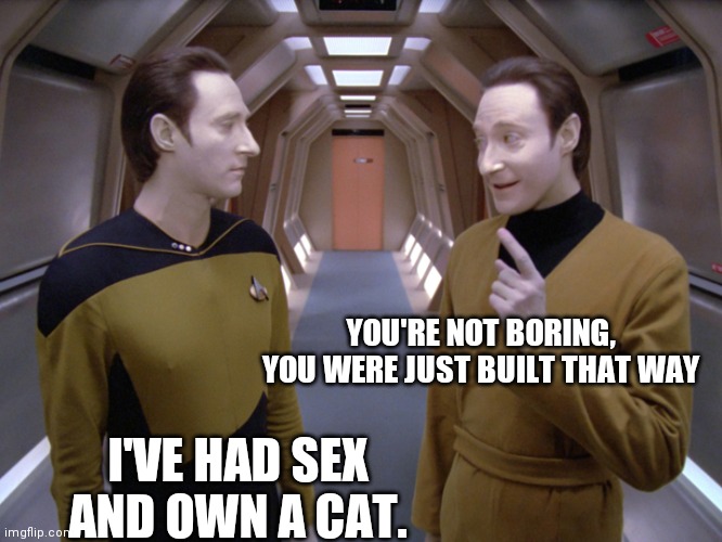 data lore | YOU'RE NOT BORING, YOU WERE JUST BUILT THAT WAY I'VE HAD SEX AND OWN A CAT. | image tagged in data lore | made w/ Imgflip meme maker