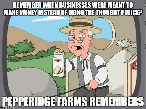 Remember when free speech wasn't considered dangerous? | REMEMBER WHEN BUSINESSES WERE MEANT TO MAKE MONEY INSTEAD OF BEING THE THOUGHT POLICE? | image tagged in pepperidge farms remembers,cancel culture,thought,police | made w/ Imgflip meme maker