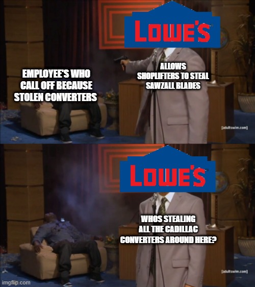 Lowes missing sawzall blades | EMPLOYEE'S WHO CALL OFF BECAUSE STOLEN CONVERTERS; ALLOWS SHOPLIFTERS TO STEAL SAWZALL BLADES; WHOS STEALING ALL THE CADILLAC CONVERTERS AROUND HERE? | image tagged in stealing | made w/ Imgflip meme maker