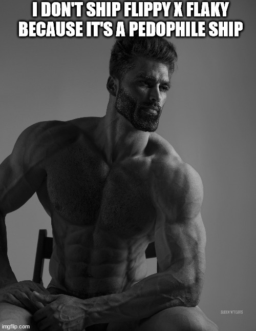 Giga Chad | I DON'T SHIP FLIPPY X FLAKY BECAUSE IT'S A PEDOPHILE SHIP | image tagged in giga chad | made w/ Imgflip meme maker