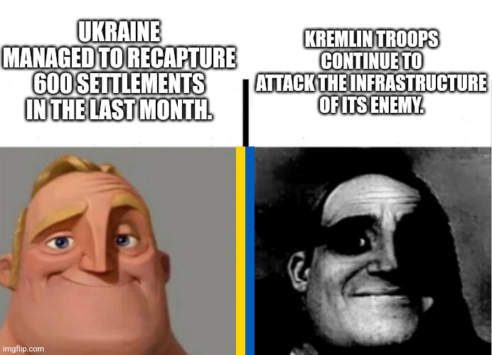 Ukraine Russia war situation for now | UKRAINE MANAGED TO RECAPTURE 600 SETTLEMENTS IN THE LAST MONTH. KREMLIN TROOPS CONTINUE TO ATTACK THE INFRASTRUCTURE OF ITS ENEMY. | image tagged in teacher's copy,ukraine,russia | made w/ Imgflip meme maker