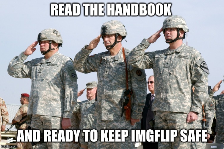 Soldiers Salute | READ THE HANDBOOK; AND READY TO KEEP IMGFLIP SAFE | image tagged in soldiers salute | made w/ Imgflip meme maker