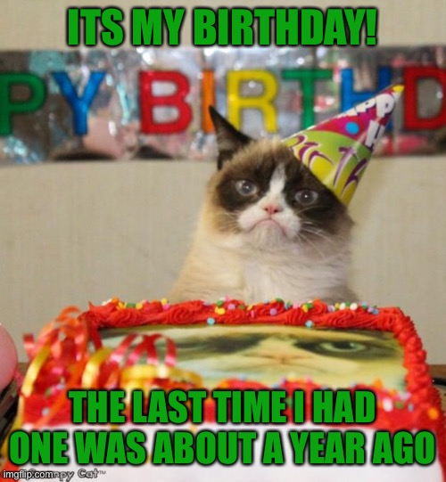 It's my B I R T H D A Y ! | ITS MY BIRTHDAY! THE LAST TIME I HAD ONE WAS ABOUT A YEAR AGO | image tagged in memes,grumpy cat birthday,grumpy cat,happy birthday,birthday | made w/ Imgflip meme maker