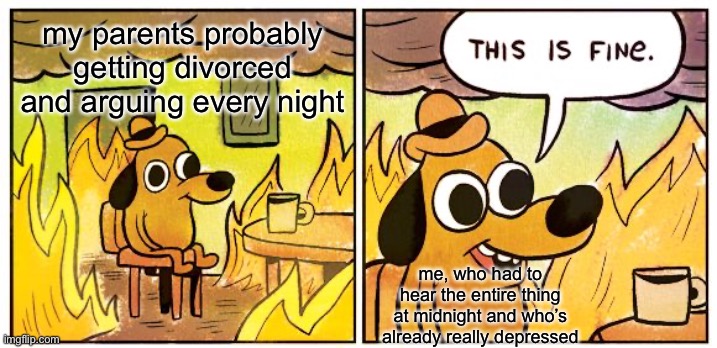 This Is Fine Meme | my parents probably getting divorced and arguing every night; me, who had to hear the entire thing at midnight and who’s already really depressed | image tagged in memes,this is fine | made w/ Imgflip meme maker