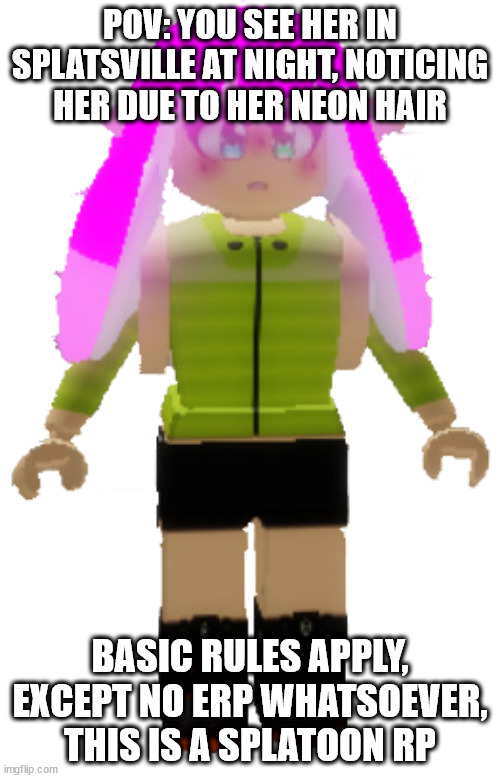 Skye | POV: YOU SEE HER IN SPLATSVILLE AT NIGHT, NOTICING HER DUE TO HER NEON HAIR; BASIC RULES APPLY, EXCEPT NO ERP WHATSOEVER, THIS IS A SPLATOON RP | image tagged in skye | made w/ Imgflip meme maker