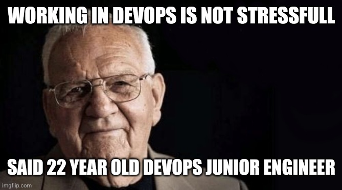 Being/working as xxxxxx is not stressful at all | WORKING IN DEVOPS IS NOT STRESSFULL; SAID 22 YEAR OLD DEVOPS JUNIOR ENGINEER | image tagged in being/working as xxxxxx is not stressful at all | made w/ Imgflip meme maker