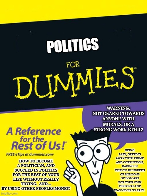 A Political Life | POLITICS; WARNING:
NOT GEARED TOWARDS ANYONE WITH MORALS, OR A STRONG WORK ETHIC! BEING LAZY, GETTING AWAY WITH CRIME AND CORRUPTION, RAKING IN TENS TO HUNDREDS OF MILLIONS OF DOLLARS FOR YOUR OWN PERSONAL USE WAS NEVER SO EASY. HOW TO BECOME A POLITICIAN, AND SUCCEED IN POLITICS FOR THE REST OF YOUR LIFE WITHOUT REALLY TRYING.  AND...
BY USING OTHER PEOPLES MONEY! | image tagged in for dummies book,memes,politics,politicians,corruption,big government | made w/ Imgflip meme maker