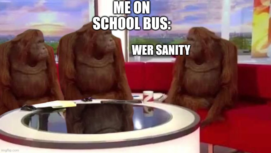 On school bus rn | ME ON SCHOOL BUS:; WER SANITY | image tagged in where monkey | made w/ Imgflip meme maker