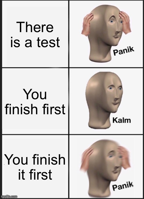 The test | There is a test; You finish first; You finish it first | image tagged in memes,panik kalm panik | made w/ Imgflip meme maker