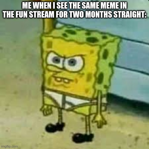 they are good at first though don't get me wrong | ME WHEN I SEE THE SAME MEME IN THE FUN STREAM FOR TWO MONTHS STRAIGHT: | image tagged in spongebob in underwear | made w/ Imgflip meme maker
