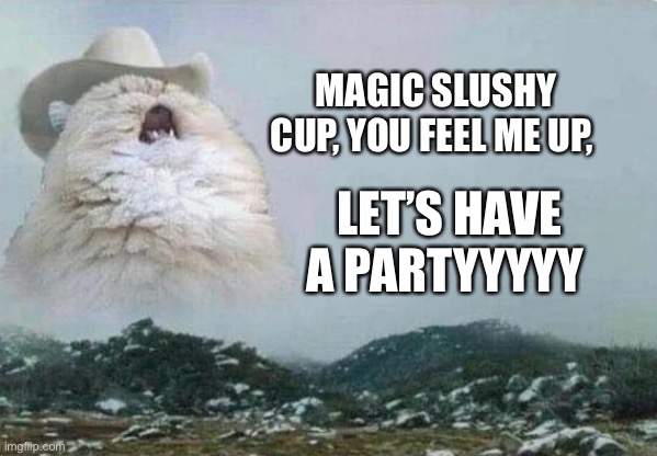 Country Cat | MAGIC SLUSHY CUP, YOU FEEL ME UP, LET’S HAVE A PARTYYYYY | image tagged in country cat | made w/ Imgflip meme maker