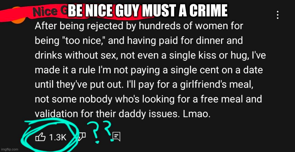 Crime | BE NICE GUY MUST A CRIME | image tagged in nice guy | made w/ Imgflip meme maker