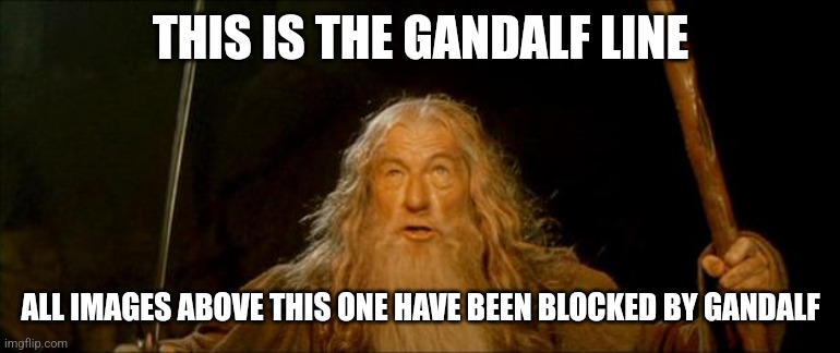 gandalf you shall not pass | THIS IS THE GANDALF LINE; ALL IMAGES ABOVE THIS ONE HAVE BEEN BLOCKED BY GANDALF | image tagged in gandalf you shall not pass | made w/ Imgflip meme maker