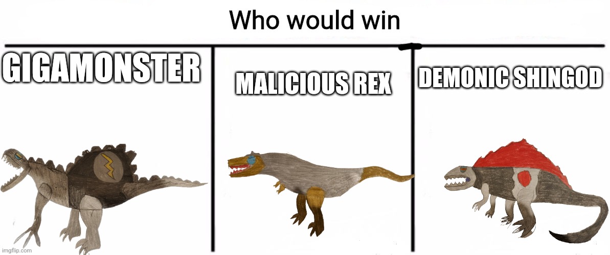 Heights in comments | DEMONIC SHINGOD; MALICIOUS REX; GIGAMONSTER | image tagged in 3x who would win | made w/ Imgflip meme maker