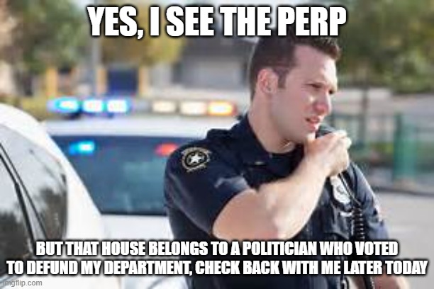 I would not make it in law enforcement | YES, I SEE THE PERP; BUT THAT HOUSE BELONGS TO A POLITICIAN WHO VOTED TO DEFUND MY DEPARTMENT, CHECK BACK WITH ME LATER TODAY | image tagged in policeman radio,not my problem,defund politicians,karma hurts,no law for you,back the blue | made w/ Imgflip meme maker