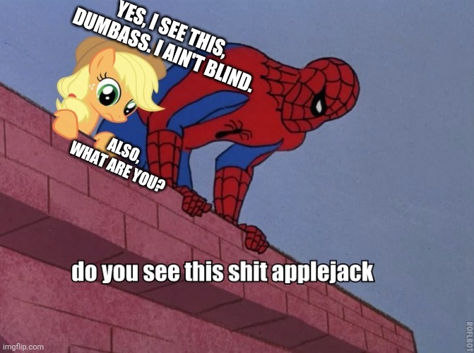 The greatest crossover of all time. SPIDER CIDER! | YES, I SEE THIS, DUMBASS. I AIN'T BLIND. ALSO, WHAT ARE YOU? | image tagged in applejack with spiderman | made w/ Imgflip meme maker