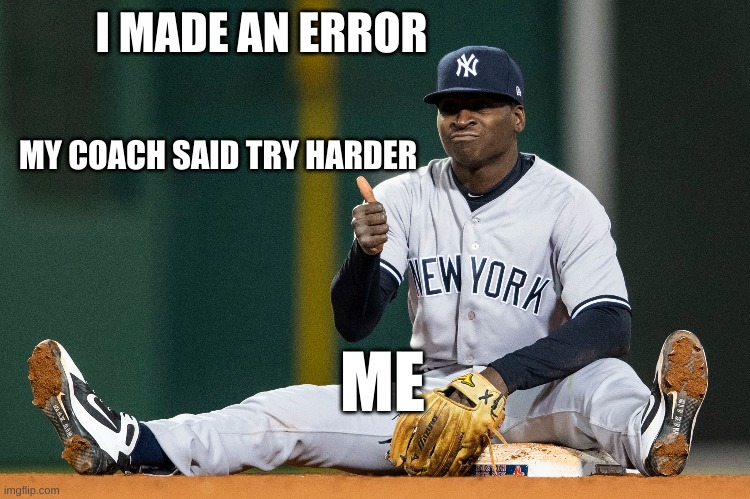 Error | I MADE AN ERROR; MY COACH SAID TRY HARDER; ME | image tagged in baseball,jokes,memes,coach | made w/ Imgflip meme maker