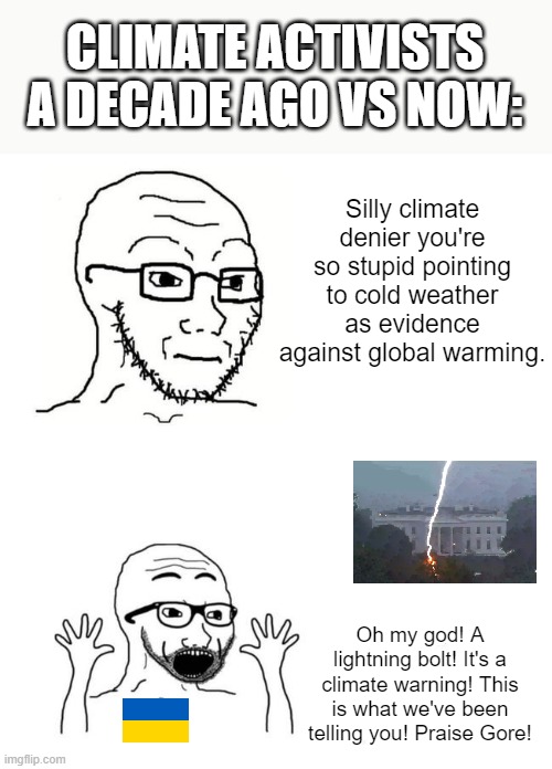 Omg weather happened | CLIMATE ACTIVISTS A DECADE AGO VS NOW:; Silly climate denier you're so stupid pointing to cold weather as evidence against global warming. Oh my god! A lightning bolt! It's a climate warning! This is what we've been telling you! Praise Gore! | image tagged in wojack japan | made w/ Imgflip meme maker