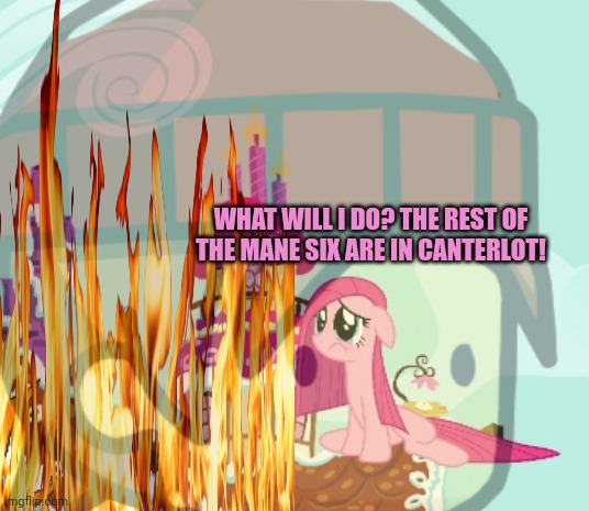 Ponyville is burning! | WHAT WILL I DO? THE REST OF THE MANE SIX ARE IN CANTERLOT! | image tagged in oh no,pinkie pie | made w/ Imgflip meme maker