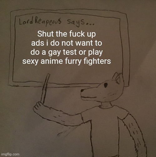 LordReaperus says | Shut the fuck up ads i do not want to do a gay test or play sexy anime furry fighters | image tagged in lordreaperus says | made w/ Imgflip meme maker
