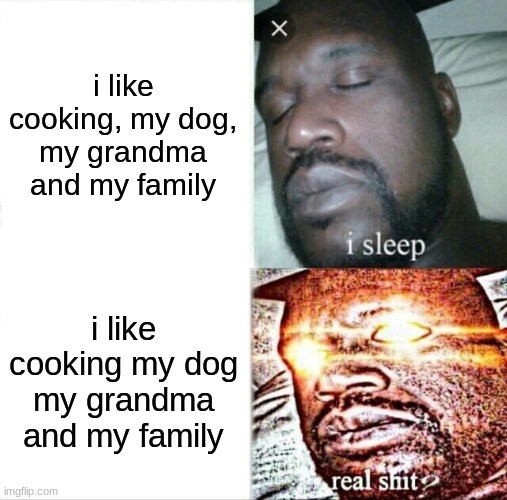 punctuation is important kids | i like cooking, my dog, my grandma and my family; i like cooking my dog my grandma and my family | image tagged in memes,sleeping shaq | made w/ Imgflip meme maker