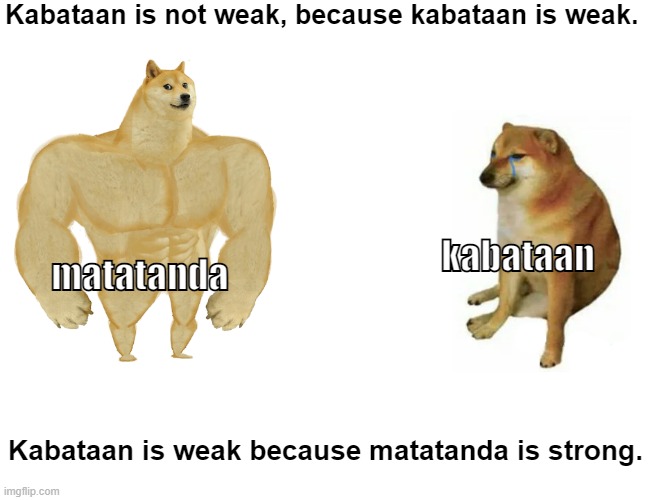 youth kabataan adults | Kabataan is not weak, because kabataan is weak. kabataan; matatanda; Kabataan is weak because matatanda is strong. | image tagged in memes,buff doge vs cheems | made w/ Imgflip meme maker