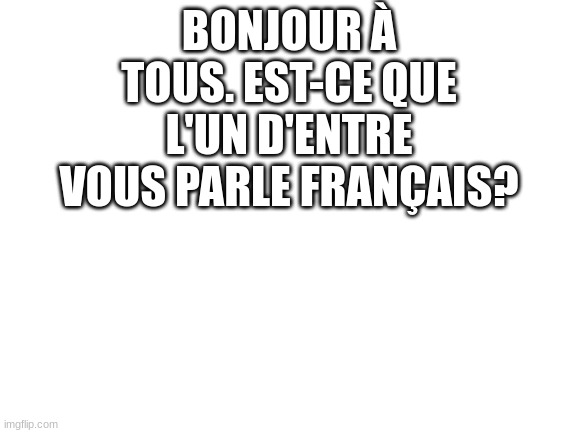 Blank White Template | BONJOUR À TOUS. EST-CE QUE L'UN D'ENTRE VOUS PARLE FRANÇAIS? | image tagged in blank white template | made w/ Imgflip meme maker