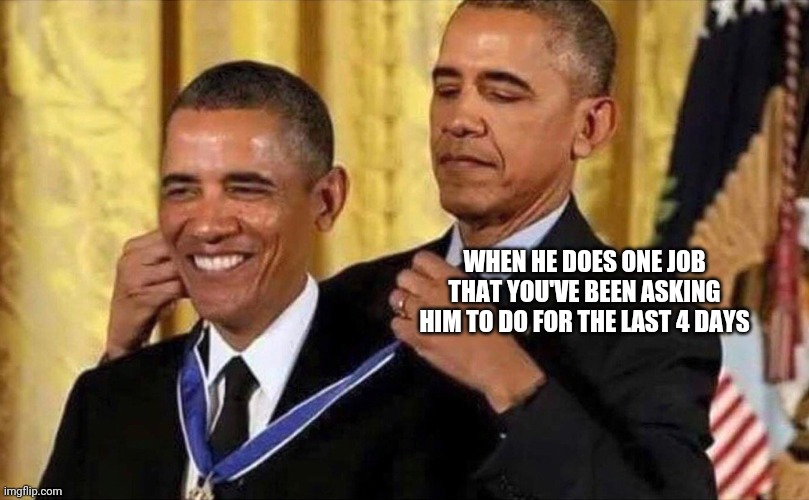 Men cleaning | WHEN HE DOES ONE JOB THAT YOU'VE BEEN ASKING HIM TO DO FOR THE LAST 4 DAYS | image tagged in obama medal | made w/ Imgflip meme maker