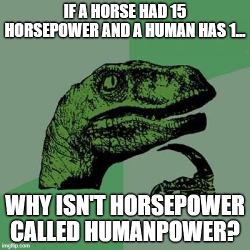 a horse has 15 horsepower?? | IF A HORSE HAD 15 HORSEPOWER AND A HUMAN HAS 1... WHY ISN'T HORSEPOWER CALLED HUMANPOWER? | image tagged in memes,philosoraptor | made w/ Imgflip meme maker