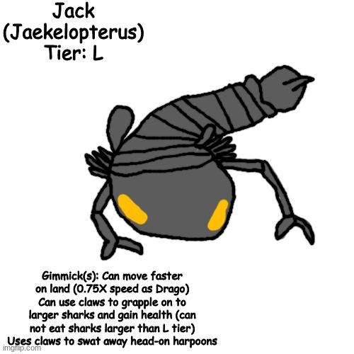 shart | Jack (Jaekelopterus)
Tier: L; Gimmick(s): Can move faster on land (0.75X speed as Drago)
Can use claws to grapple on to larger sharks and gain health (can not eat sharks larger than L tier)
Uses claws to swat away head-on harpoons | made w/ Imgflip meme maker