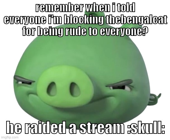 bruh moment | remember when i told everyone i'm blocking thebengalcat for being rude to everyone? he raided a stream :skull: | image tagged in memes,funny,pig,thebengalcat,block,raid | made w/ Imgflip meme maker