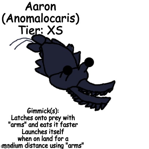 shrimp my beloved (another hungry shark concept) | Aaron (Anomalocaris)
Tier: XS; Gimmick(s): Latches onto prey with "arms" and eats it faster
Launches itself when on land for a medium distance using "arms" | made w/ Imgflip meme maker