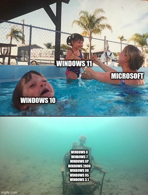 Microsoft with new and old windows | WINDOWS 11; MICROSOFT; WINDOWS 10; WINDOWS 8
WINDOWS 7
WINDOWS XP
WINDOWS 2000
WINDOWS 98
WINDOWS 95
WINDOWS 3.1 | image tagged in mother ignoring kid drowning in a pool | made w/ Imgflip meme maker