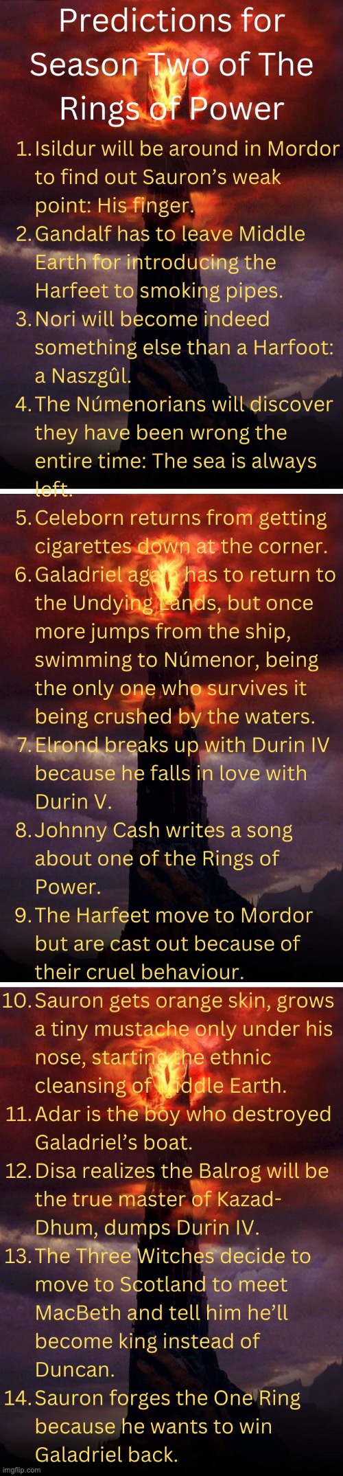 Predictions For The Rings Of Power | image tagged in rop,sauron,galadriel,amazon,tolkien,lotr | made w/ Imgflip meme maker