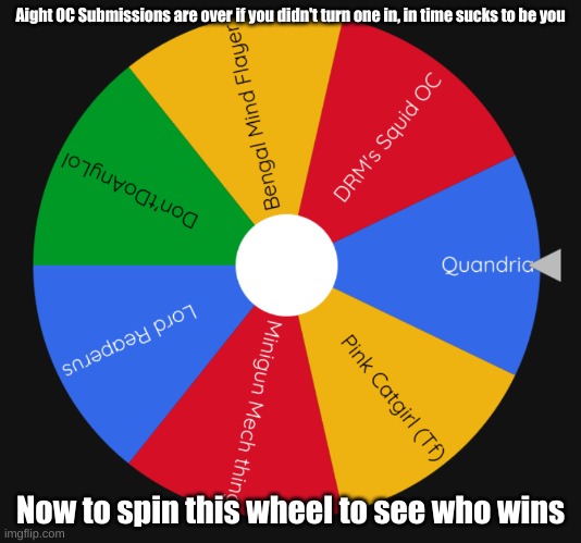 I'll do the pixel art later I'm currently in class | Aight OC Submissions are over if you didn't turn one in, in time sucks to be you; Now to spin this wheel to see who wins | made w/ Imgflip meme maker