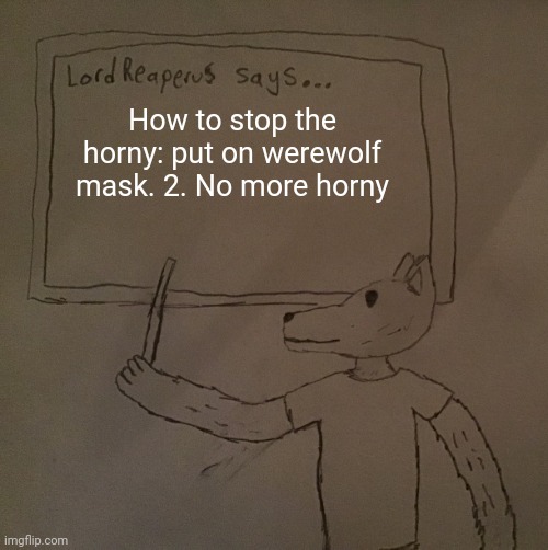 It works plus i look cool with it | How to stop the horny: put on werewolf mask. 2. No more horny | image tagged in lordreaperus says | made w/ Imgflip meme maker