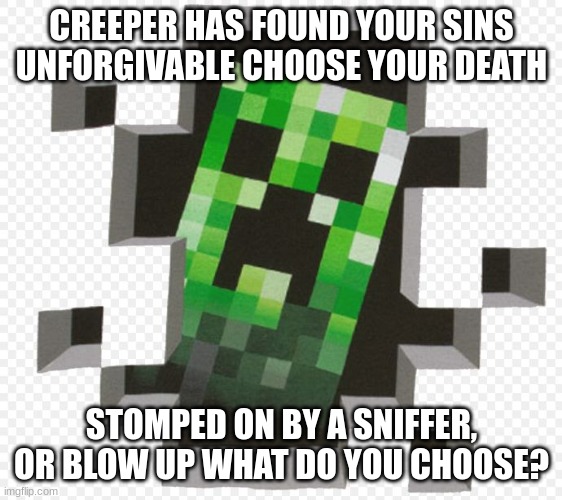 Minecraft Creeper | CREEPER HAS FOUND YOUR SINS UNFORGIVABLE CHOOSE YOUR DEATH STOMPED ON BY A SNIFFER, OR BLOW UP WHAT DO YOU CHOOSE? | image tagged in minecraft creeper | made w/ Imgflip meme maker