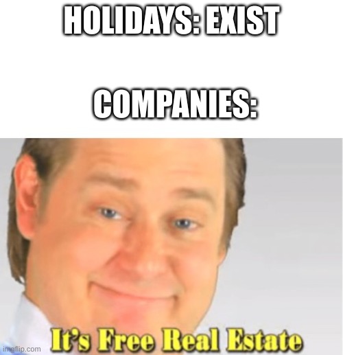 They're already selling Christmas decorations and it isn't even December yet lol | HOLIDAYS: EXIST; COMPANIES: | image tagged in it's free real estate,lol,holidays | made w/ Imgflip meme maker
