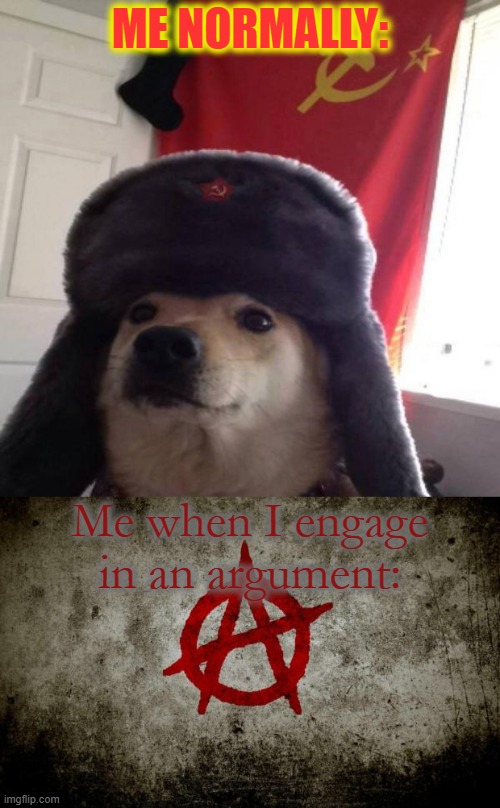 ANARCHY!! | ME NORMALLY:; Me when I engage in an argument: | image tagged in russian doge,anarchy,political meme,dogs,communism,argument | made w/ Imgflip meme maker