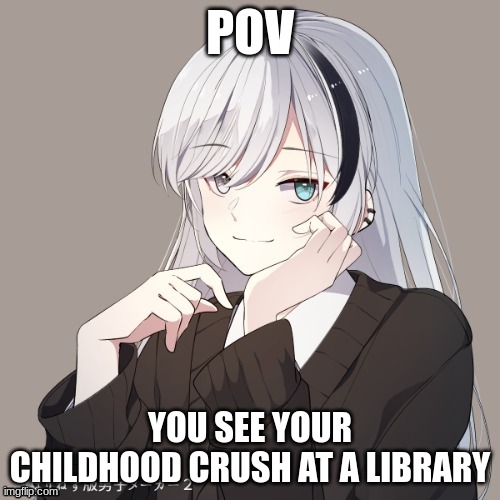 Romance RP, rules in tags | POV; YOU SEE YOUR CHILDHOOD CRUSH AT A LIBRARY | image tagged in no joke or bambi ocs,no erp,no killing her,no military ocs | made w/ Imgflip meme maker