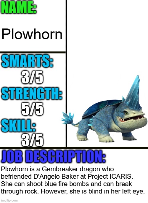 Plowhorn from Dragons: The Nine Realms | Plowhorn; 3/5; 5/5; 3/5; Plowhorn is a Gembreaker dragon who befriended D'Angelo Baker at Project ICARIS. She can shoot blue fire bombs and can break through rock. However, she is blind in her left eye. | image tagged in antiboss-heroes template,httyd,how to train your dragon,dragon,dragons | made w/ Imgflip meme maker